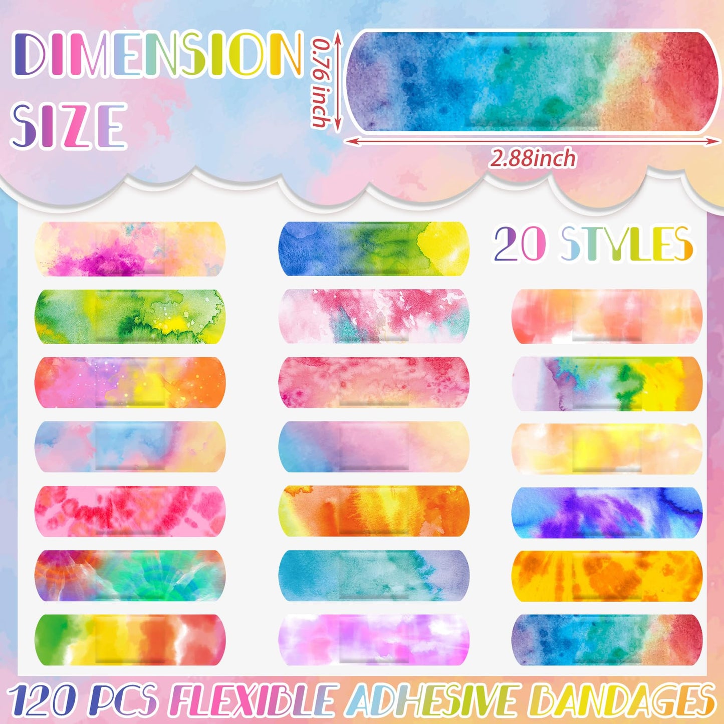 120 Pcs Kids Bandages Bulk Cute Cartoon Flexible Bandages Waterproof Breathable Bandages Strip Protect Cuts and Scrapes for Girls Boys Children Toddlers (Tie Dye Style)