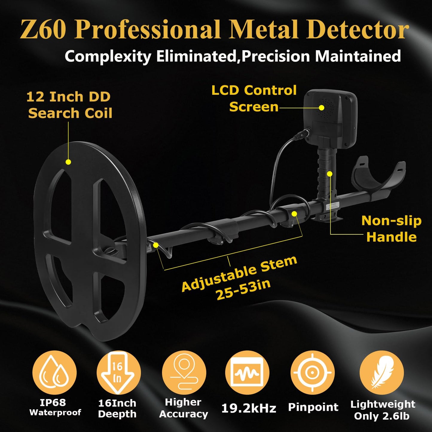 16 Inch Depth Metal Detector for Adults,19.2 kHz Higher Sensitivity Professional Metal Detector kit with Double-D Waterproof Coil,Beach Metal Detector and Pinpointer,4 Professional Modes,LCD Display