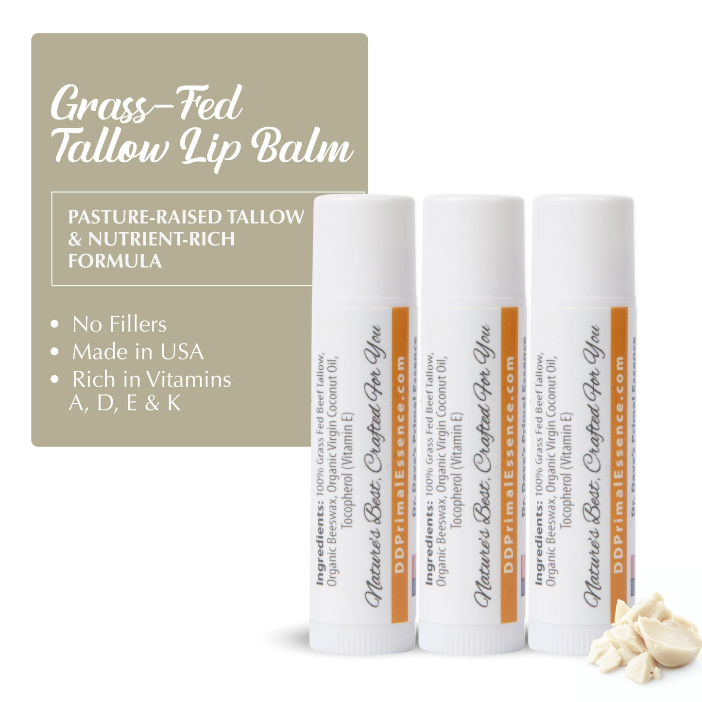 Dr. Dave's Primal Essence Moisturizing Tallow Lip Balm - Grass-Fed Beef Tallow with Organic Coconut Oil, Beeswax and Vitamin E - Unscented, 3-Pack