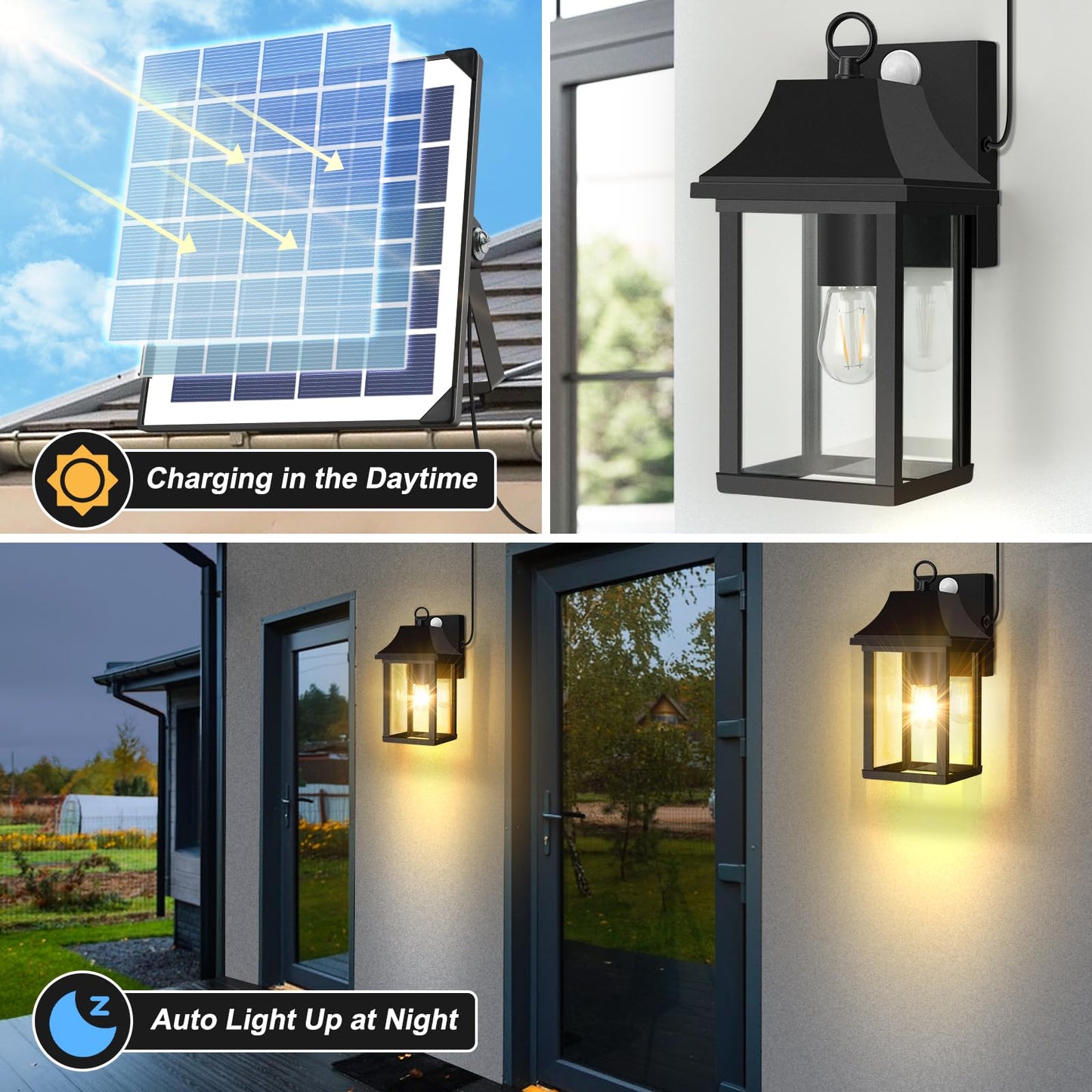 2 Pack Solar Porch Lights Outdoor, Dusk to Dawn Motion Sensor Solar Wall Lantern with 3 Modes, Separate Panel & Power Replaceable Exterior Waterproof Wall Sconce Lighting Lamp for House Garage Patio