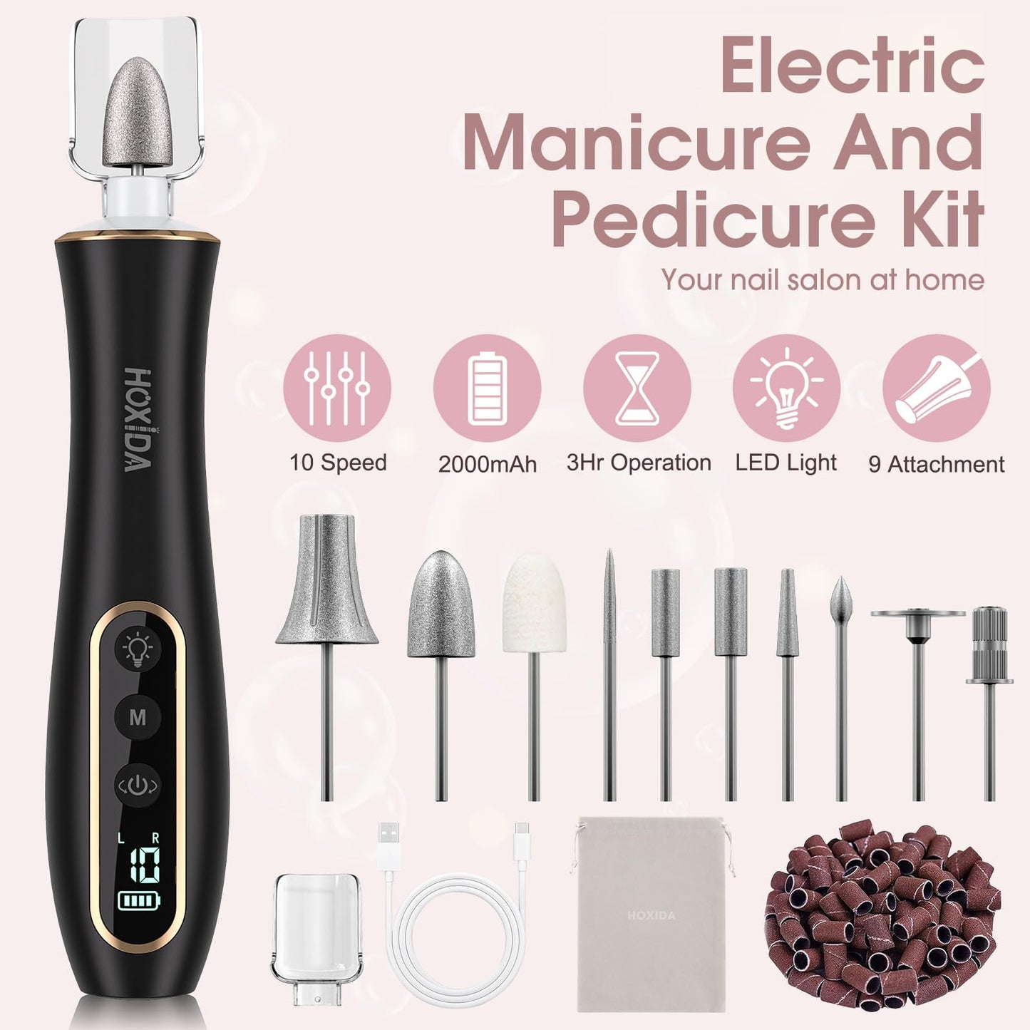 Electric Nail Drill, Professional Manicure Pedicure Kit, Cordless Electric Nail File Set, Rechargeable Pedicure Tools for feet, 10 Speeds Hand Foot Care Nail Drill for -360° LED Light Black