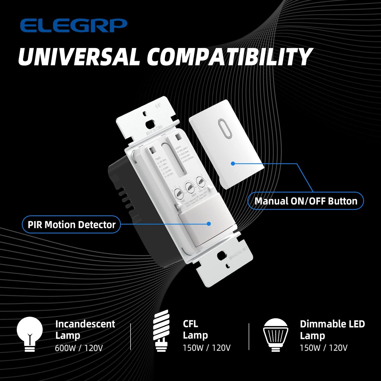 ELEGRP Occupancy Motion Sensor Light Switch, PIR Infrared Motion Activated Wall Switch, No Neutral Wire, Single Pole for CFL/LED/Incandescent Bulb, with Wall Plate, UL Listed (10 Pack, Matte White)