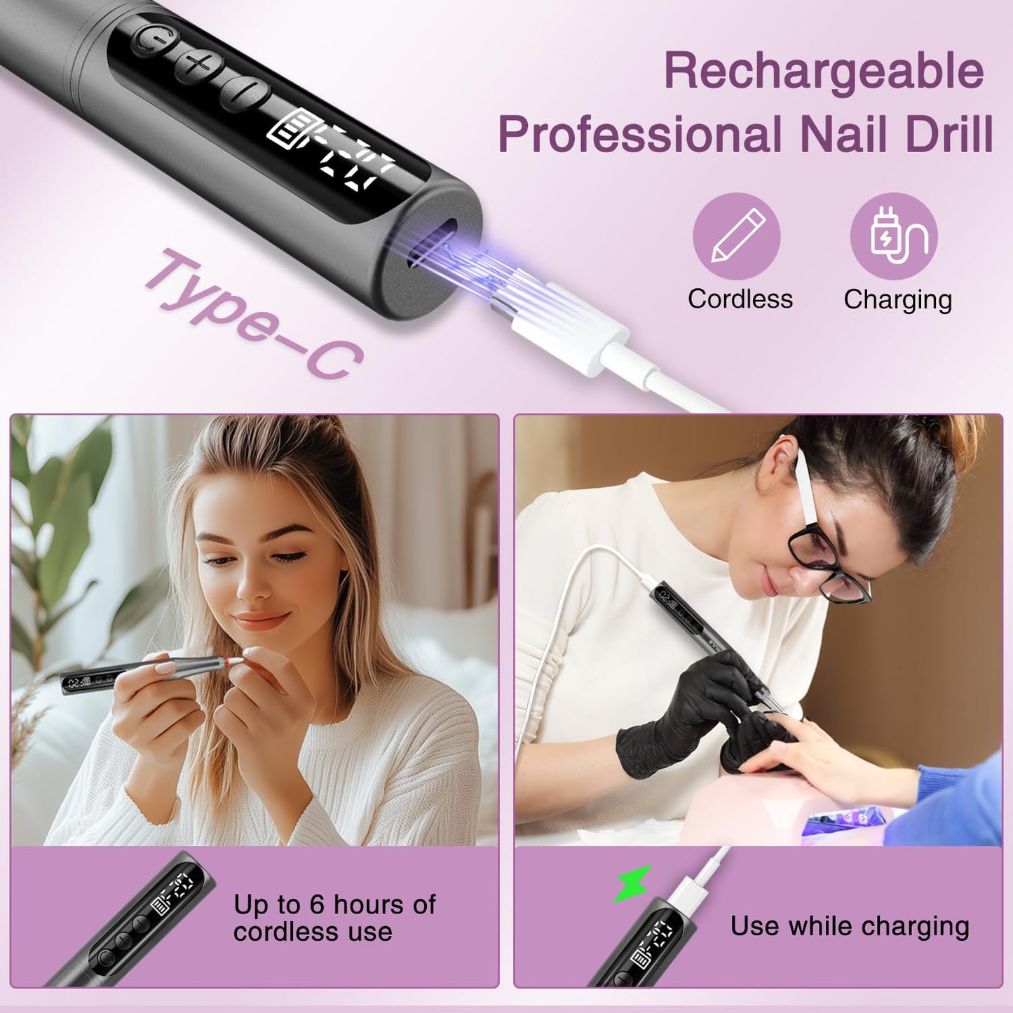 Electric Cordless Nail Drill File: LED Display Professional Portable Nail Drill for Acrylic Gel Dip Powder Nails Manicure Pedicure Kit Tool with Nail Drill Bits Sanding Bands, Grey