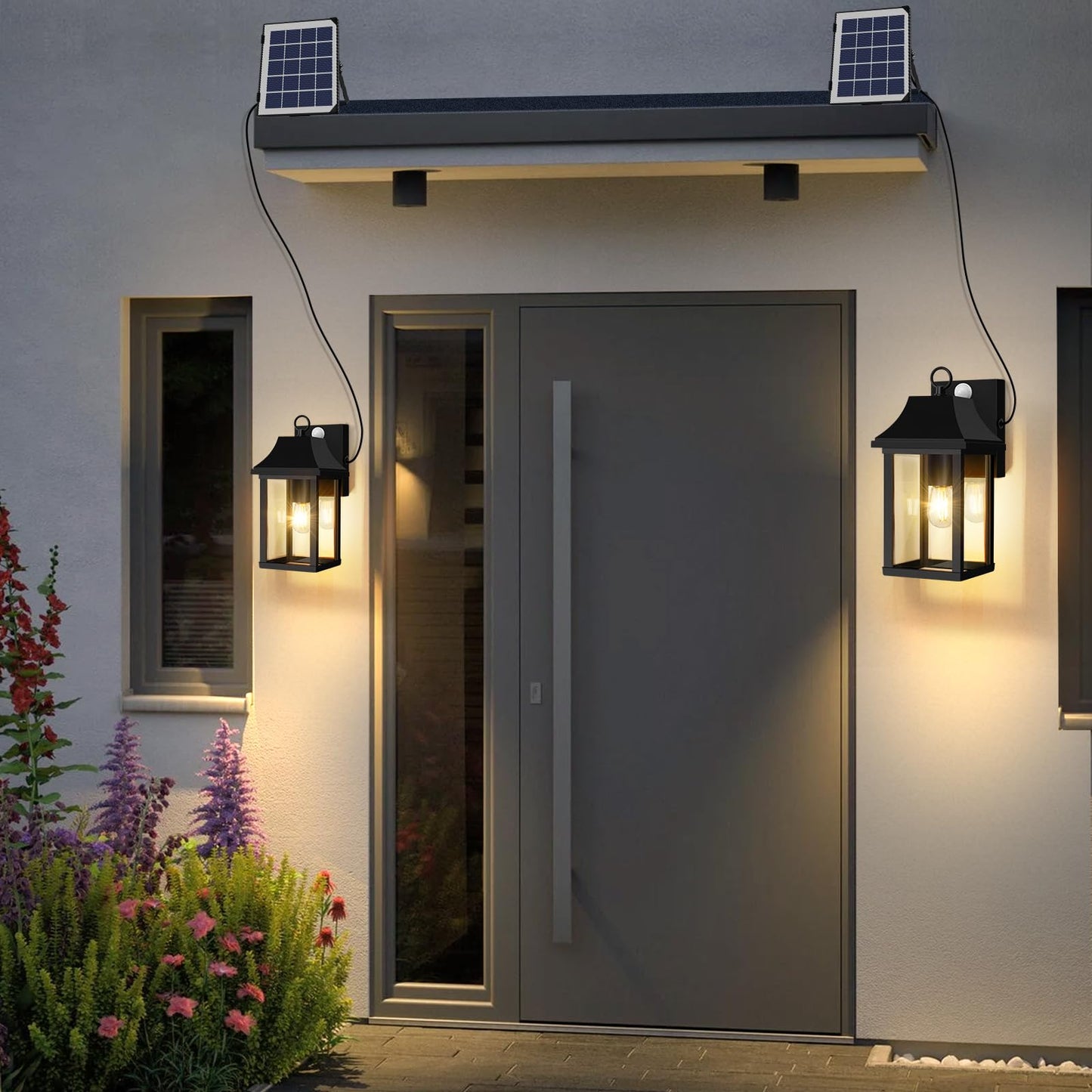 2 Pack Solar Porch Lights Outdoor, Dusk to Dawn Motion Sensor Solar Wall Lantern with 3 Modes, Separate Panel & Power Replaceable Exterior Waterproof Wall Sconce Lighting Lamp for House Garage Patio