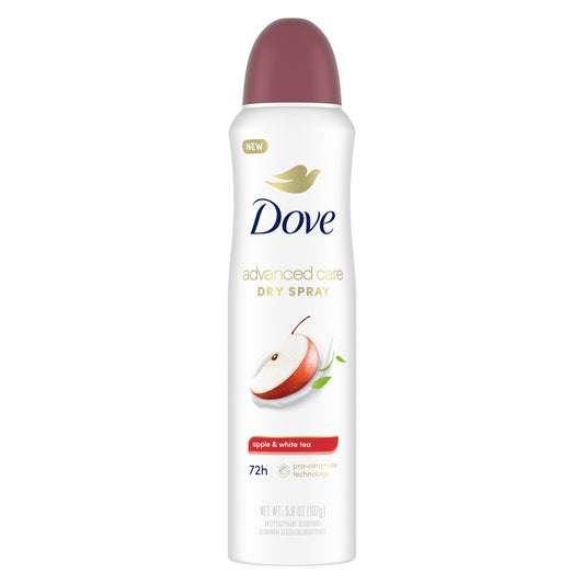 Dove Advanced Care Antiperspirant Deodorant Spray Apple & White Tea to help skin barrier repair by boosting skin's ceramide levels 72-hour odor and sweat protection 3.8 oz