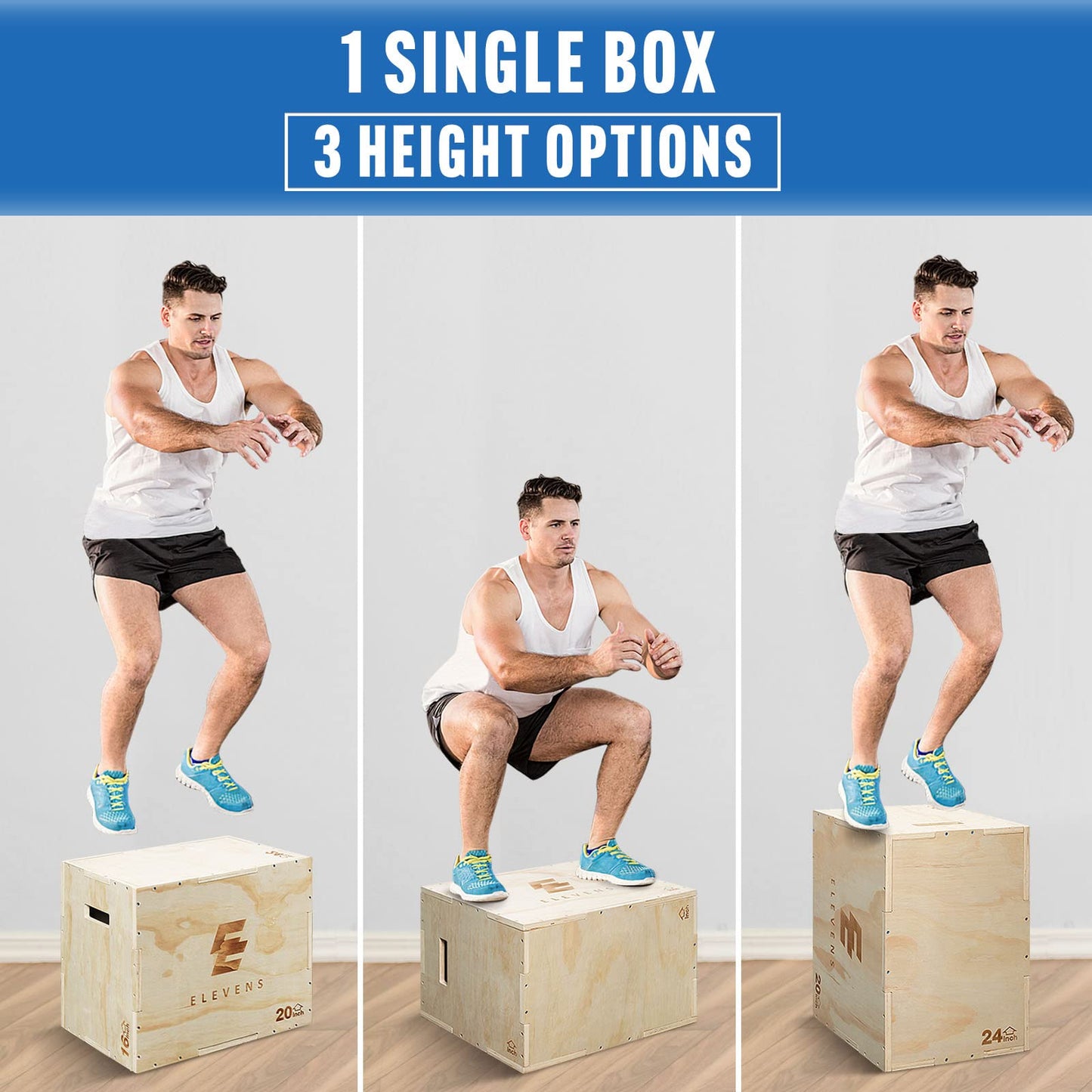 Elevens 3 in 1 Wooden Plyo Box Jump Box Plyometric Box for Jumping Trainer, Skipping, Jumping, Lunges, Box Jumps, Squats, Step-Ups, Dips (24"x16"x20")
