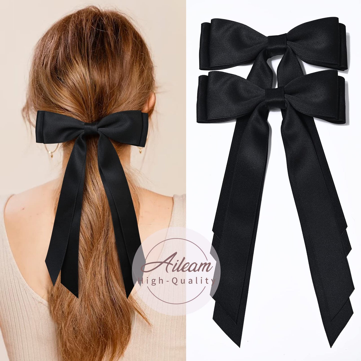 2PCS Silky Satin Hair Bows Hair Clip Black Hair Ribbon Ponytail Holder Accessories Slides Metal Clips Hair Bow for Women Girls Toddlers Teens Kids