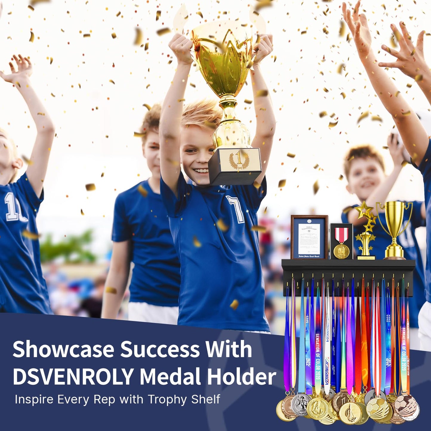 DSVENROLY Medal Holder Display Trophy Shelf Organizer,Sturdy Wooden Medal Trophy Hanger Rack with 25 Steel Hooks, Wall Mount Medal Hanger for Race Medals Trophies(2Pc, Retro Grey)