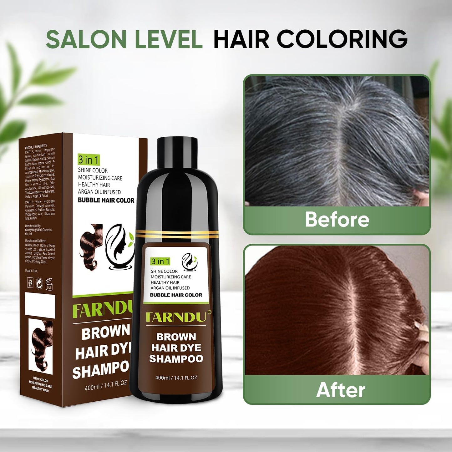 DYEING 221 BC FARNDU Chestnut Brown Hair Dye Shampoo for Gray Hair Coverage - 3 In 1 Natural Hair Color Shampoo for Women & Men, Champu Para Canas Mujer