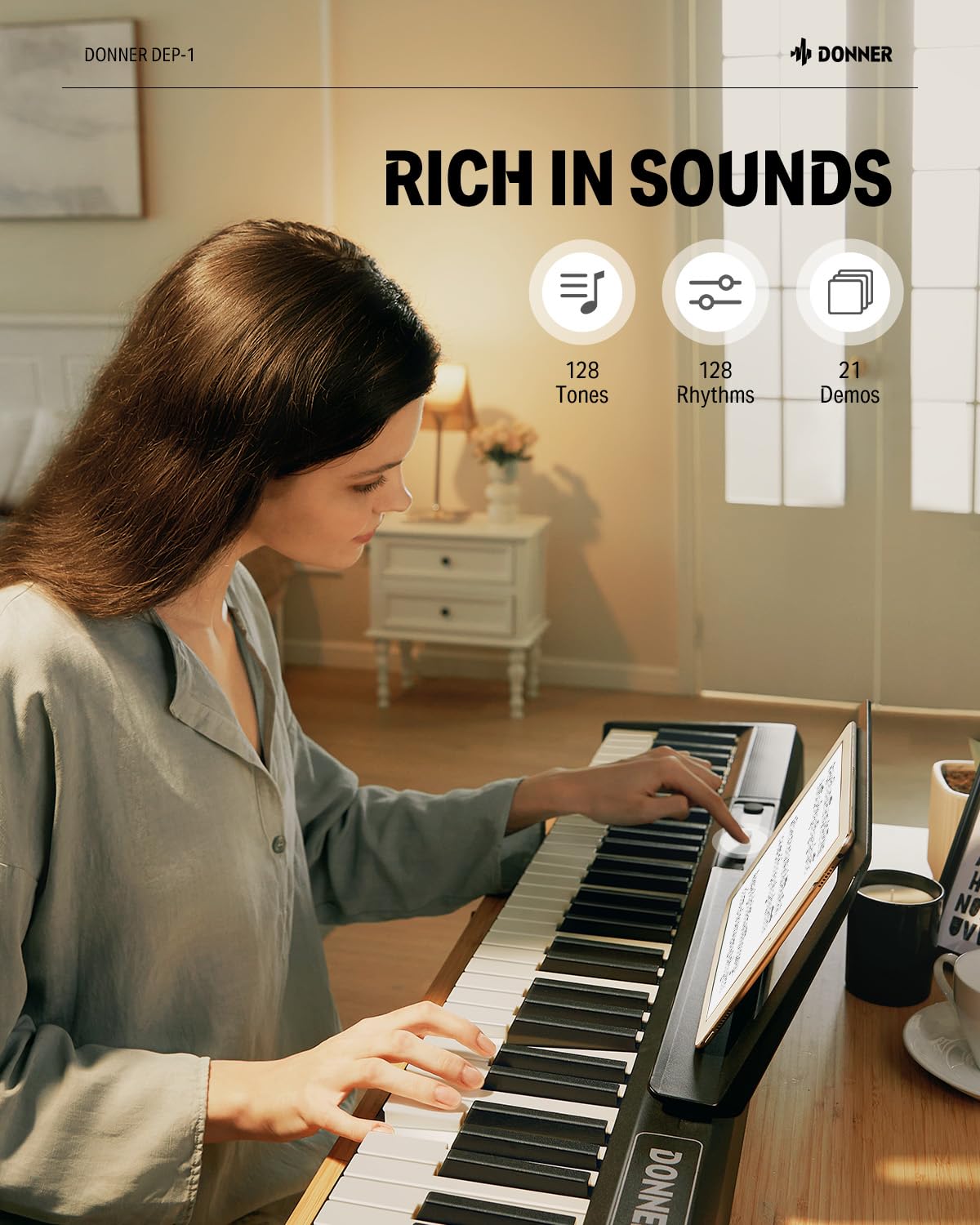 Donner DEP-1 Piano Keyboard 88 Keys, Beginner Digital Keyboard Piano Velocity-Sensitive Keys, Portable Electric Piano with Sustain Pedal, Carrying Case and Keyboard Stickers