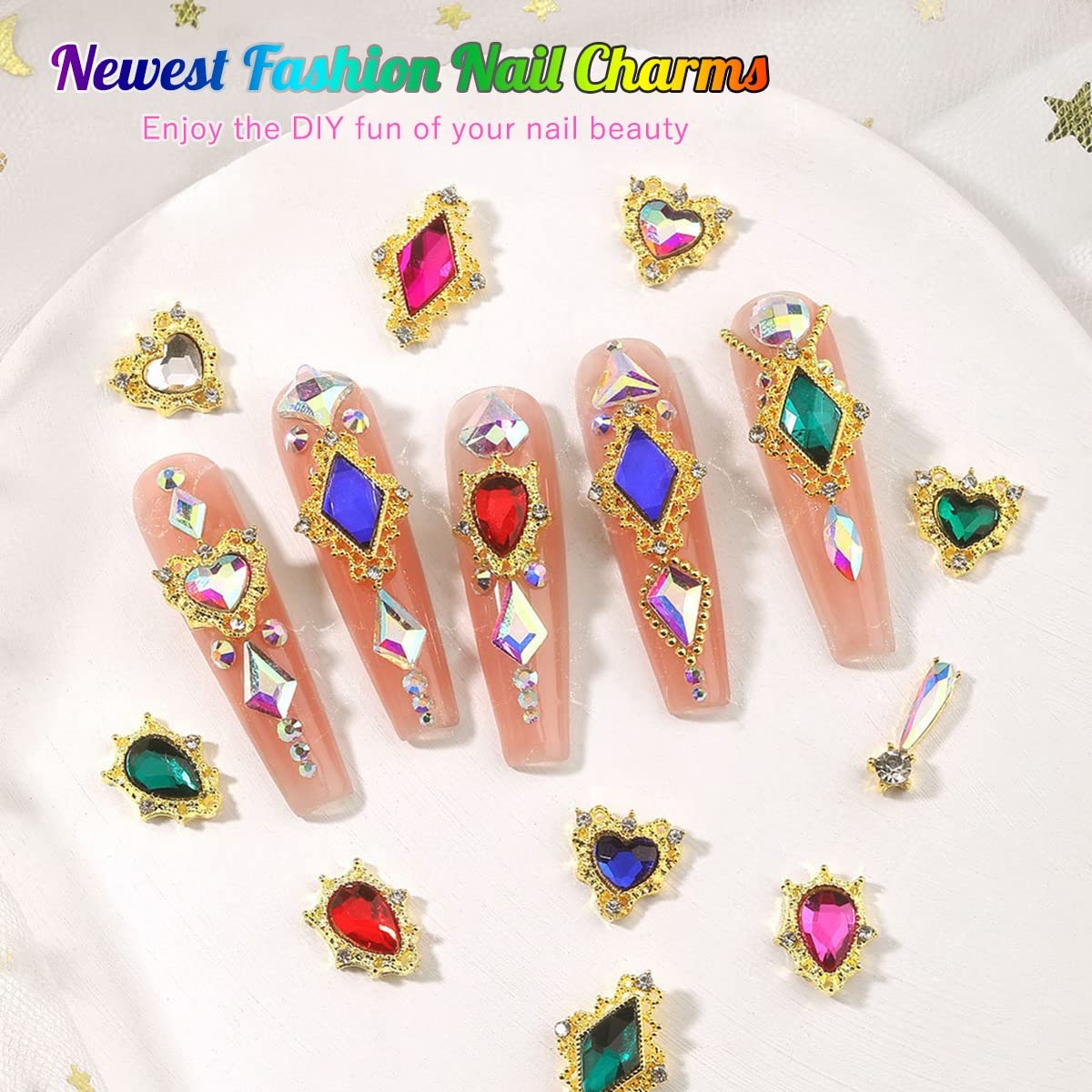 Emerald Green Nail Rhinestones - 24pc Luxury Nail Art Charms with Green Heart & Big Gems