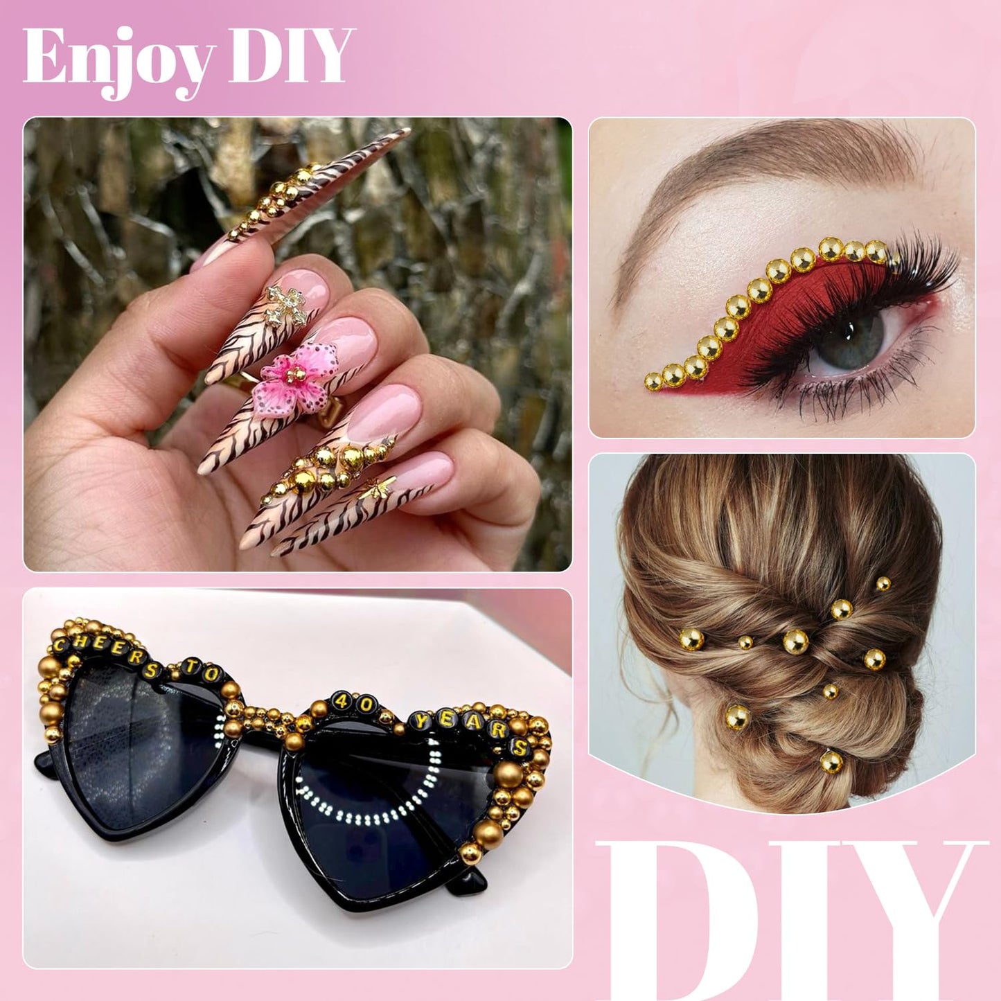 11000Pcs Flatback Pearls for Crafting (Gold), Assorted Size 2/3/4/5/6/8/10mm Half Pearl with 3Pcs 10ml B7000 Jewelry Glue, Bedazzling Bead for DIY Crafts Clothing Tumblers Shoes Embellishment Nail Art