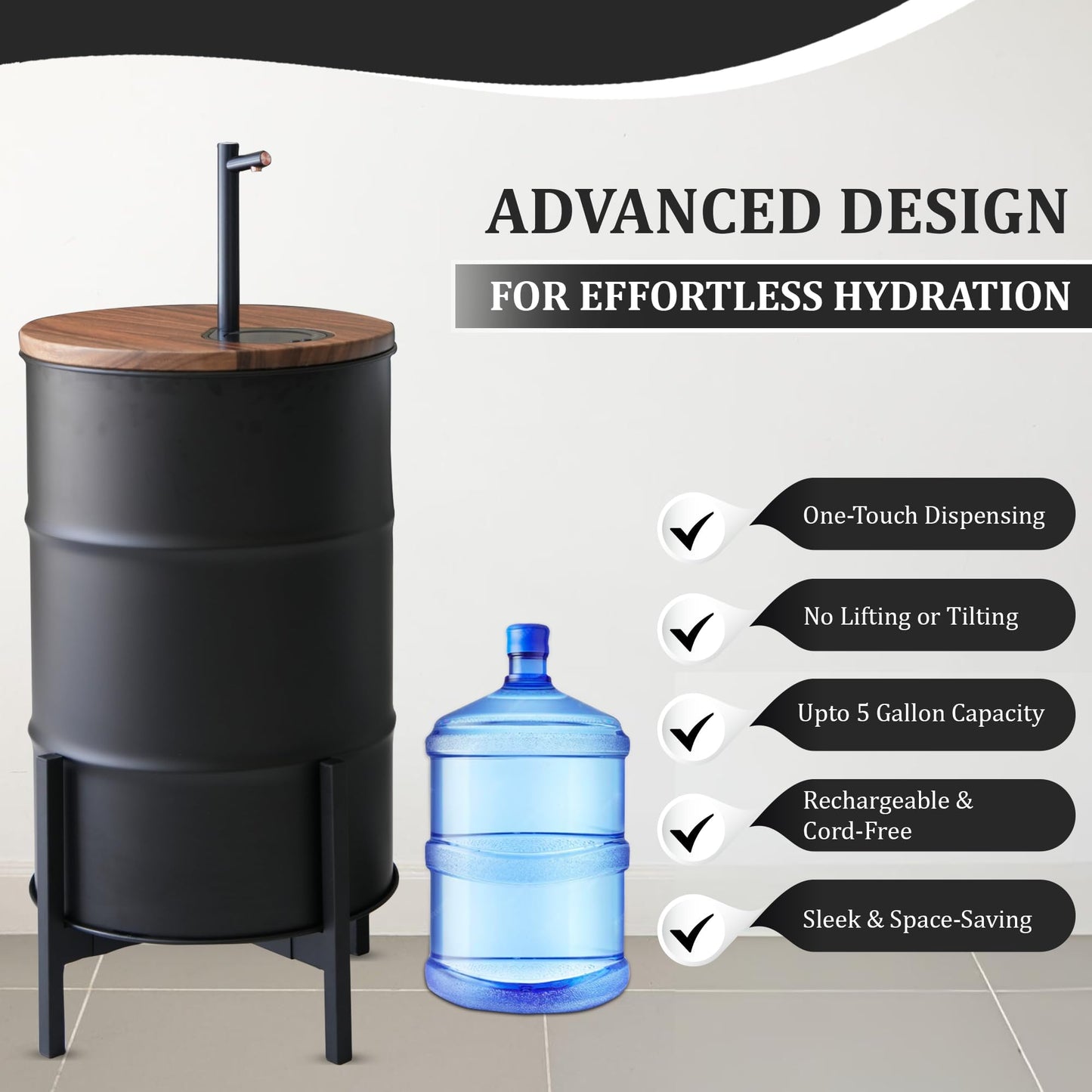Electric Wooden Water Dispenser for 5-Gallon Bottle – Concealed Storage for 5 Gallon Water Jug, Silent Rechargeable Motor – Scratch & Rust-Resistant - Black