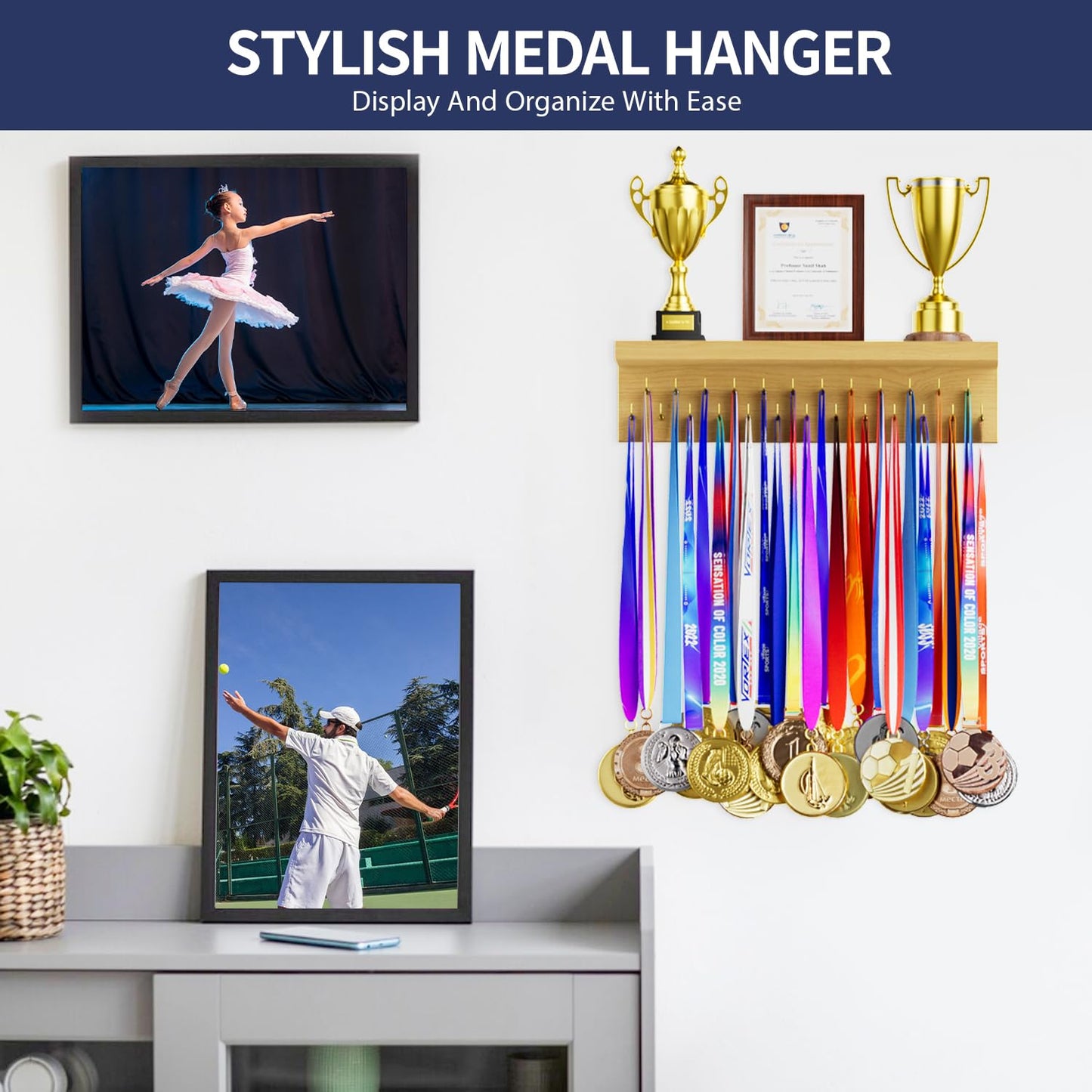 DSVENROLY Medal Holder Display Trophy Shelf Organizer,Sturdy Wooden Medal Trophy Hanger Rack with 25 Steel Hooks, Wall Mount Medal Hanger for Race Medals Trophies Easy to Install (1PC，Nature Wood)