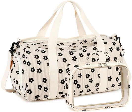 Duffle Bag for Gym Sports Women Girls Workout Travel Bag Weekender with Shoe Compartment and Wet Pocket (2-Corduroy-Black floral)
