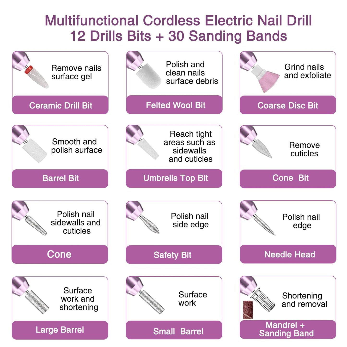 Electric Cordless Nail Drill File: LED Display Professional Portable Nail Drill for Acrylic Gel Dip Powder Nails Manicure Pedicure Kit Tool with Nail Drill Bits Sanding Bands, Purple
