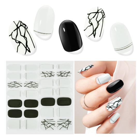 DUKASOU Semi Cured Gel Nail Strips, Ink Room | 28 pcs Gel Nail Strips Work with Any UV Lamp, Salon Quality Nail Polish Art Stickers, Include Prep Pads, Nail File&Wood Stick