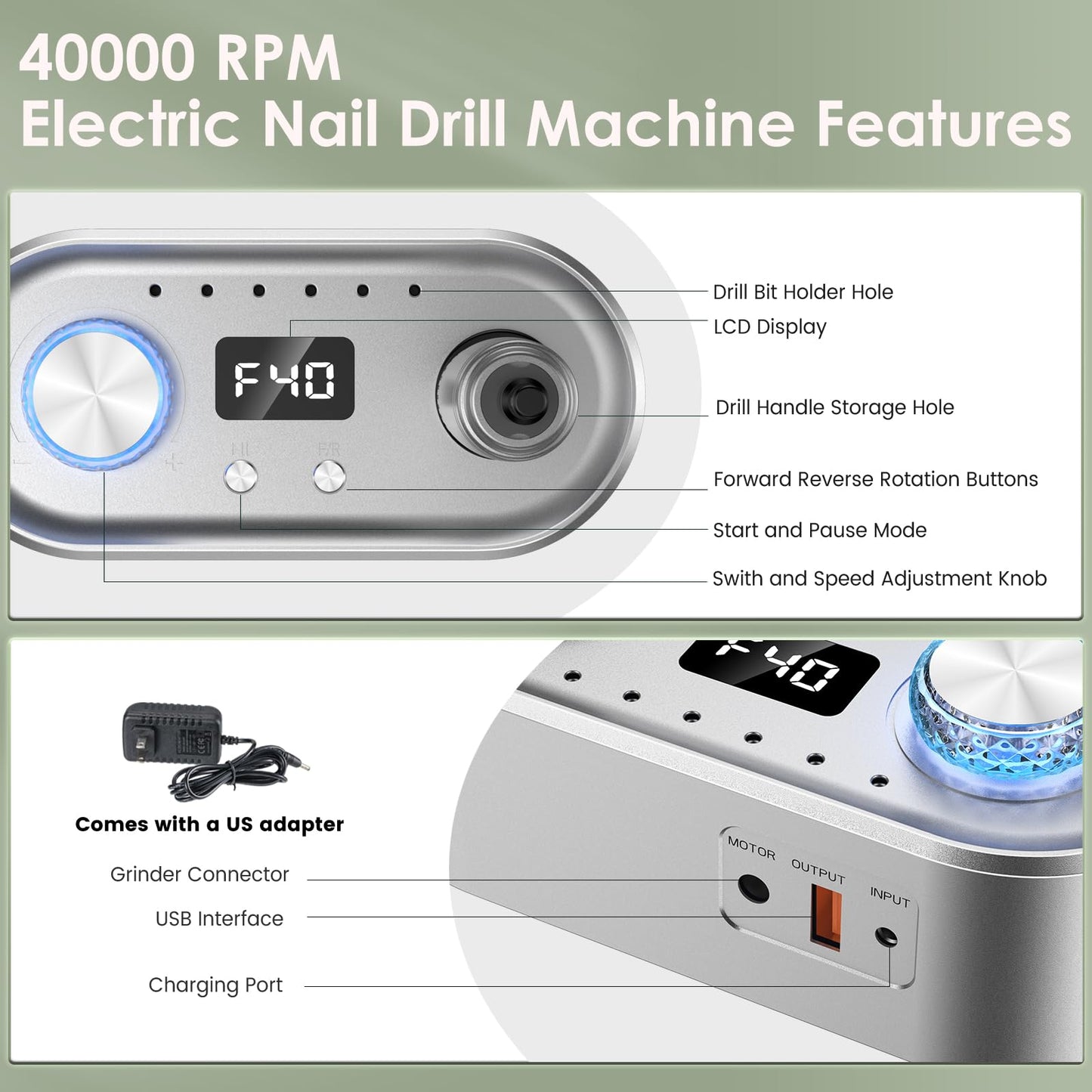 Electric Nail Drill Machine, 40000RPM Professional E File Nail Drill Kit for Gel Acrylic Nails,High Speed Low Vibration Low Heat Nail Grinding with LED Light, 7 Bits, F/R Rotation, LCD Screen (Grey)