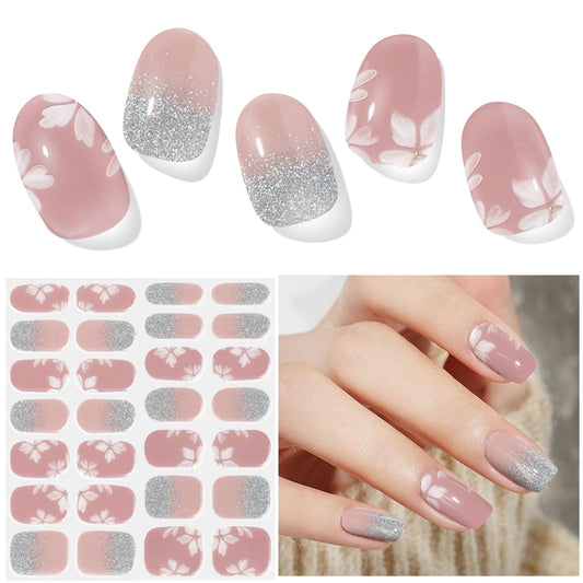 DUKASOU Semi Cured Gel Nail Strips, Pink ice Flowers | 28 pcs Gel Nail Strips Work with Any UV Lamp, Salon Quality UV Nails Stickers, Easy to Apply for Home Nails DIY