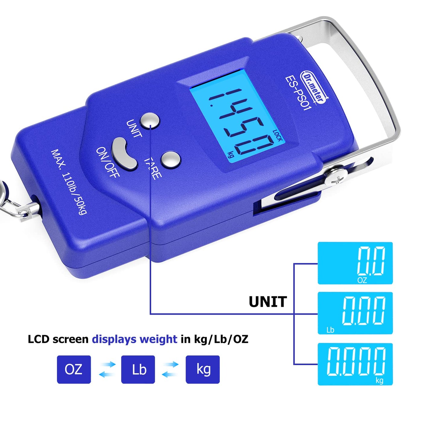 Dr.meter Fish scale, Backlit LCD Display 110lb/50kg PS01 Fishing Scale with Measuring Tape, Electronic Balance Digital Fishing Postal Hanging Hook Scale with 2 AAA Batteries-Fishing Gifts for Men,Blue