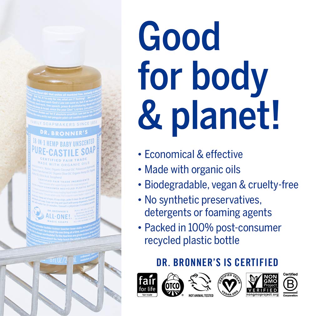 Dr. Bronner's - Pure-Castile Liquid Soap (Baby Unscented, 4 Ounce) - Made with Organic Oils, 18-in-1 Uses: Face, Hair, Laundry, Dishes, For Sensitive Skin, Babies, No Added Fragrance, Vegan, Non-GMO