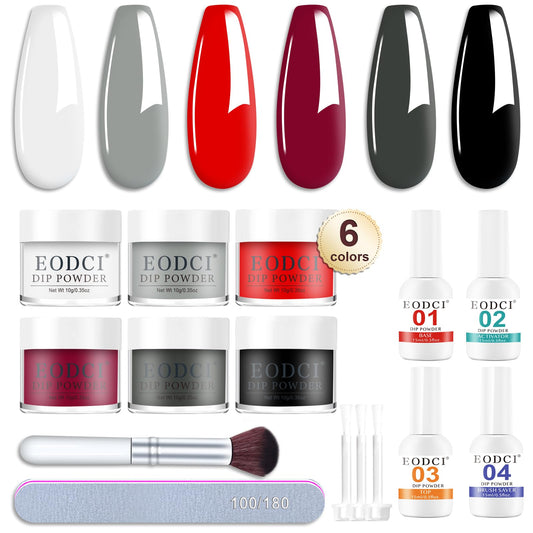 Eodci 12 Pcs Dip Powder Nail Kit Starter, 6 Colors Red Black White Dipping Powder Kit With Base & Top Coat/Activator/Brush Saver, Nail Art Dip Manicure Kits for Women