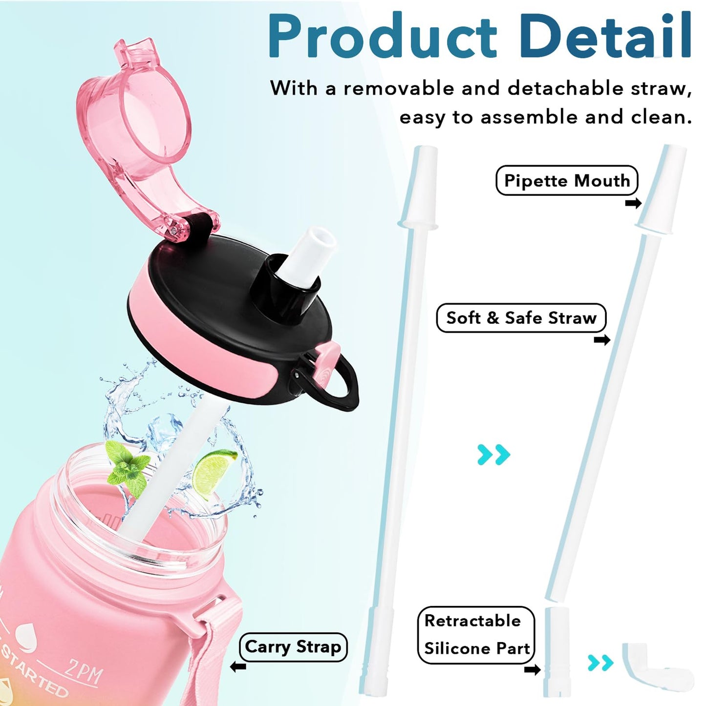 Enerbone 32 oz Water Bottle, Leakproof BPA & Toxic Free, Motivational Water Bottle with Times to Drink and Straw, Fitness Sports Water Bottle with Strap for Office, Gym, Outdoor Sports