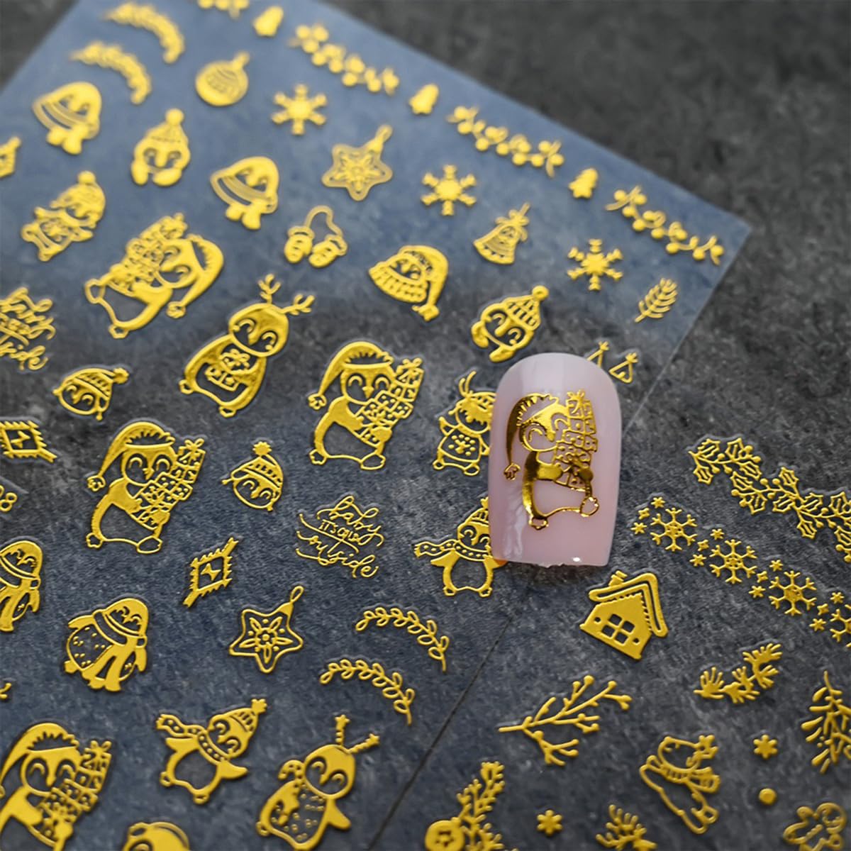 12 Sheets Christmas Nail Stickers - Gold Nail Decals with Snowflake, Snowman, Elk, Tree & Santa Claus Designs - 3D Self-Adhesive Holiday Xmas Nail Art Decals for Manicure Decorations