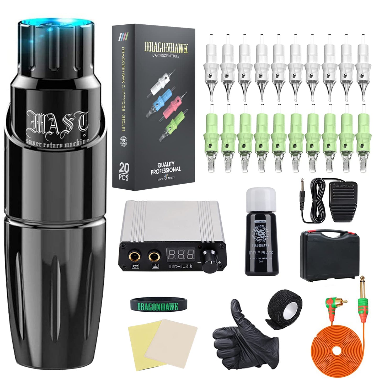 Dragonhawk Rotary Tattoo Pen Machine Kit, Mast Tour Tattoo Permanent Makeup Gun 50Pcs Cartridges Needles Power Supply Color Inks with Carry Case