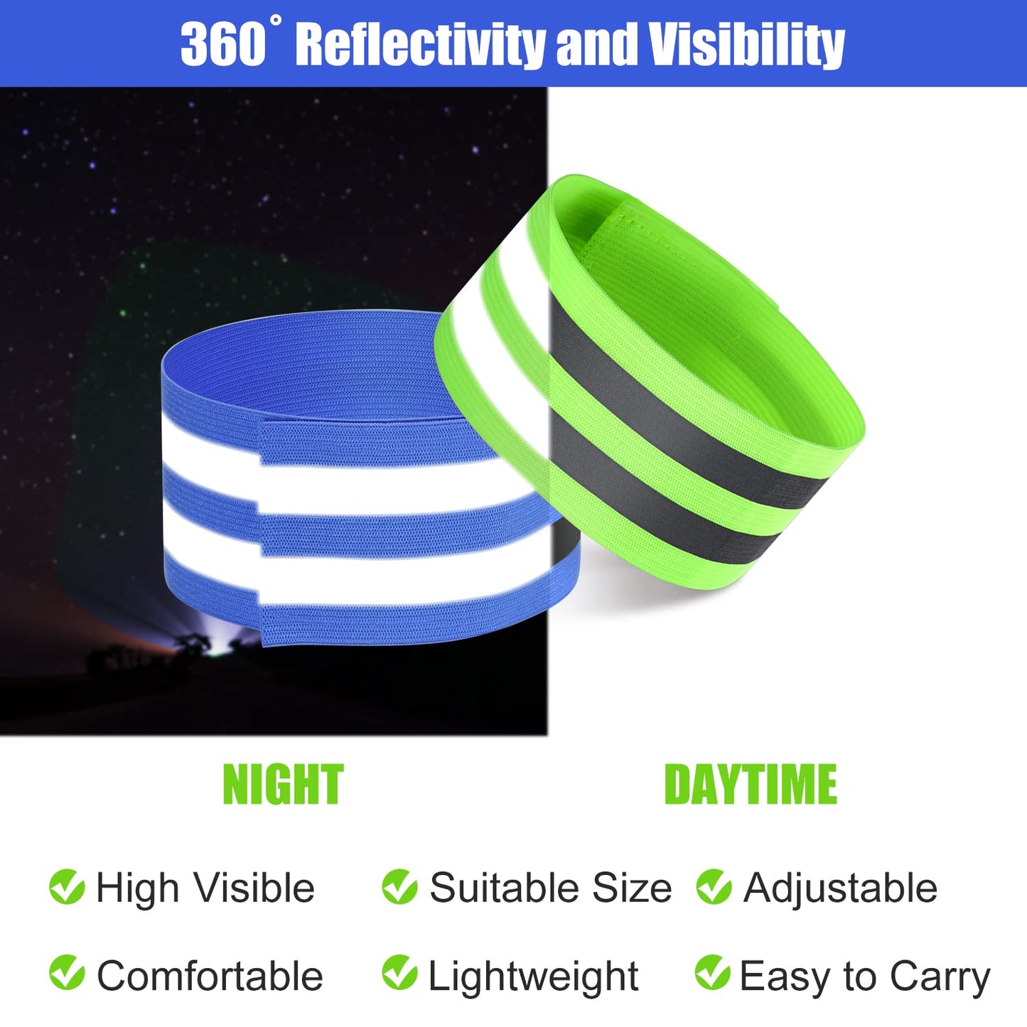 16 Pieces Reflective Bands Reflector Bands for Wrist, Arm, Ankle, Leg, High Visibility Reflective Gear Safety Reflector Tape Straps for Night Walking, Cycling and Running (Green, Blue)