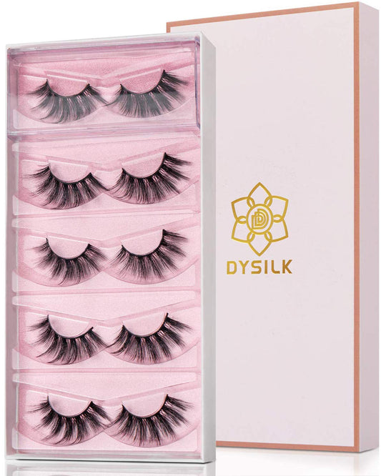 DYSILK False Eyelashes Mink - Strip Lashes 5 Pairs 6D Faux Eyelash Wispy Lashes Cat Eye Fake Eyelashes Natural Look Fluffy Lash Reusable Lash Extension Kit | 004-16.7mm