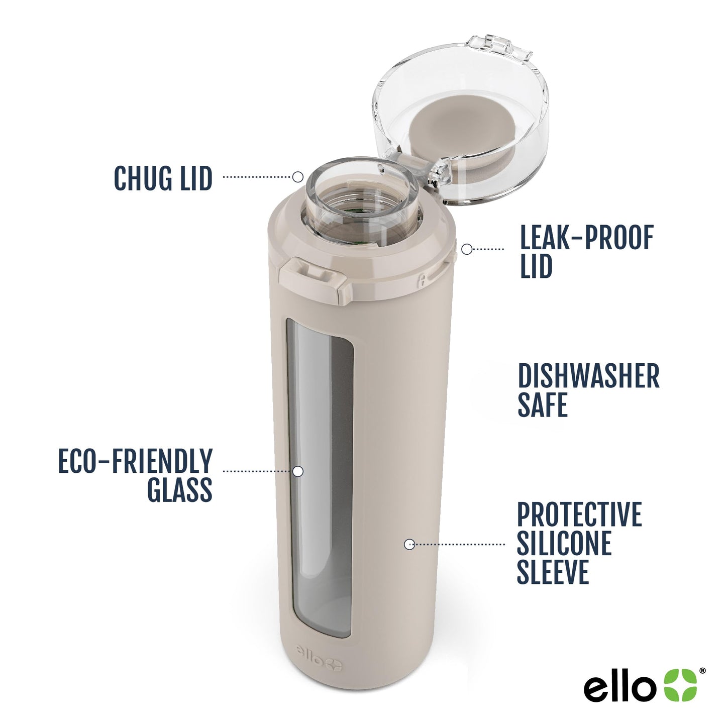 Ello Syndicate 20oz Reusable Glass Water Bottle with One-Touch Leak Proof Flip Lid, Protective Non-Slip Silicone Sleeve, Carry Loop for Coffee, Tea and Water, BPA-free, Dishwasher Safe, Sand