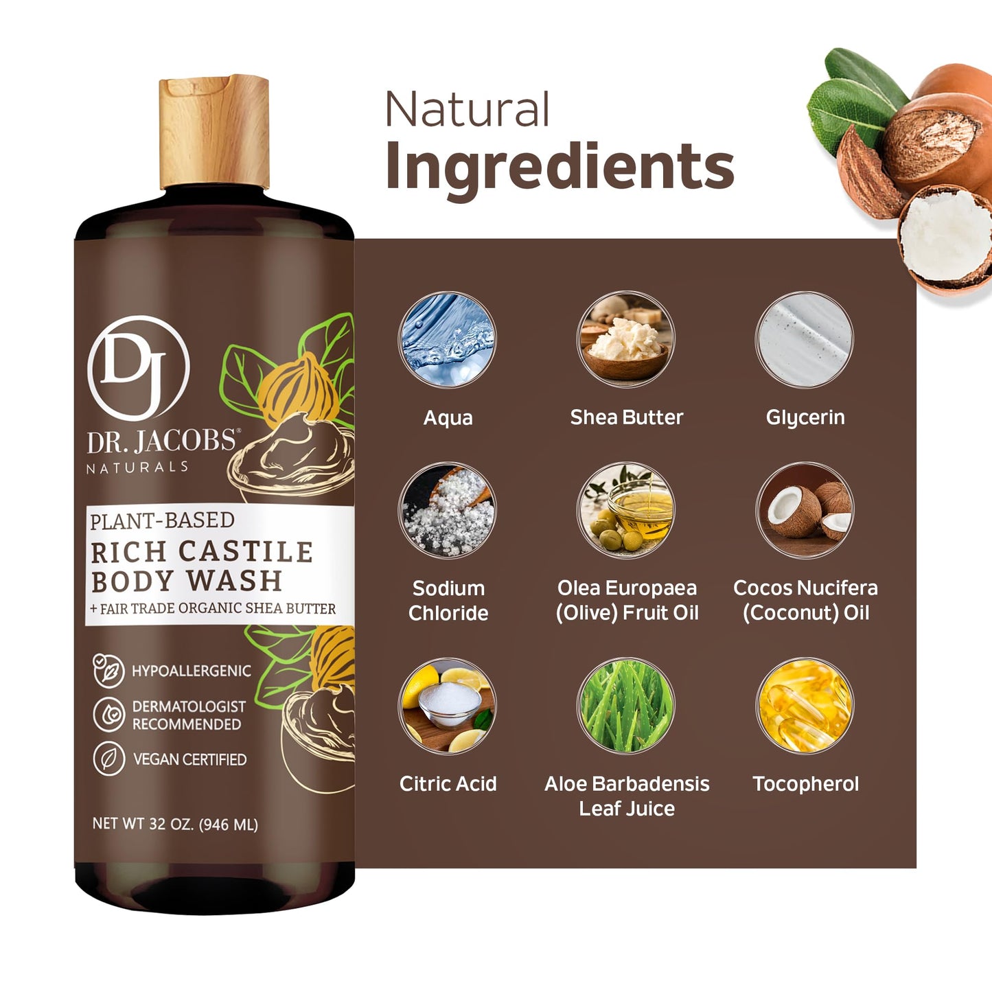 DR. JACOBS NATURALS Castile Shea Butter All-Natural Body Wash for Moisturizing Dry and Sensitive Skin Shampoo with Plant-Based Ingredients Gluten, Preservatives-Free Formula - 32 oz, Pack of 1