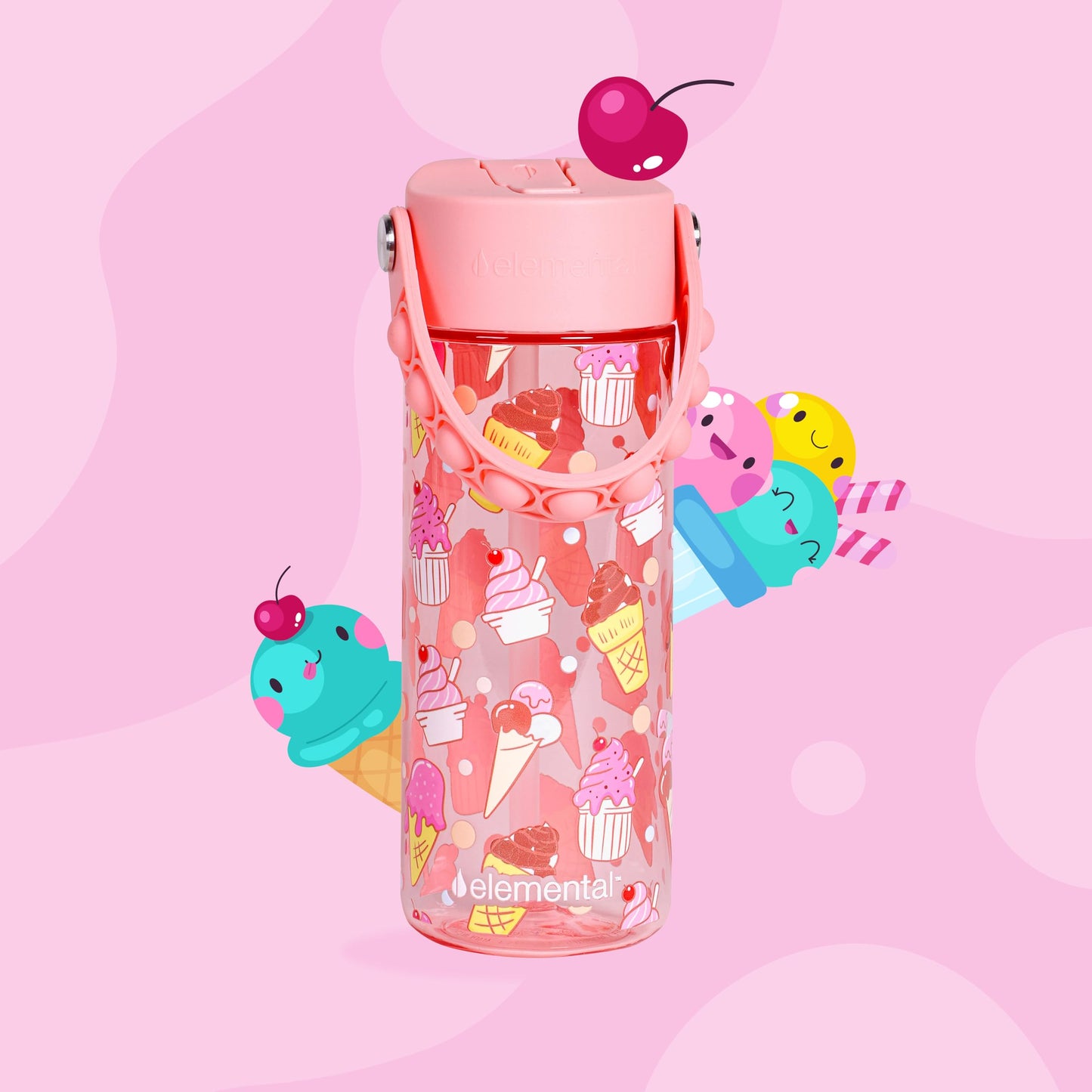 Elemental Leak Proof Water Bottles for Kids - Splash Kids Water Bottle for School with Fun Fidget Pop-it Handle - BPA Free Tritan Plastic Reusable Water Bottle with Straw - Ice Cream - 18oz