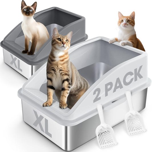 2 Pack Stainless Steel Litter Box | XL Enclosed Cat Litter Boxes with Lid for Big Cats and Multi-Cats | High Sided, Anti-Urine Leakage | Non-Stick Bottom（Multi-Colored）