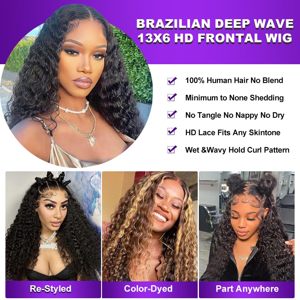 13x6 Deep Wave Lace Front Wigs Human Hair 200 Density HD Lace Frontal Wigs Human Hair 28 Inch Deep Curly Glueless Wigs Human Hair Pre Plucked with Baby Hair Curly Wigs for Women Natural Color