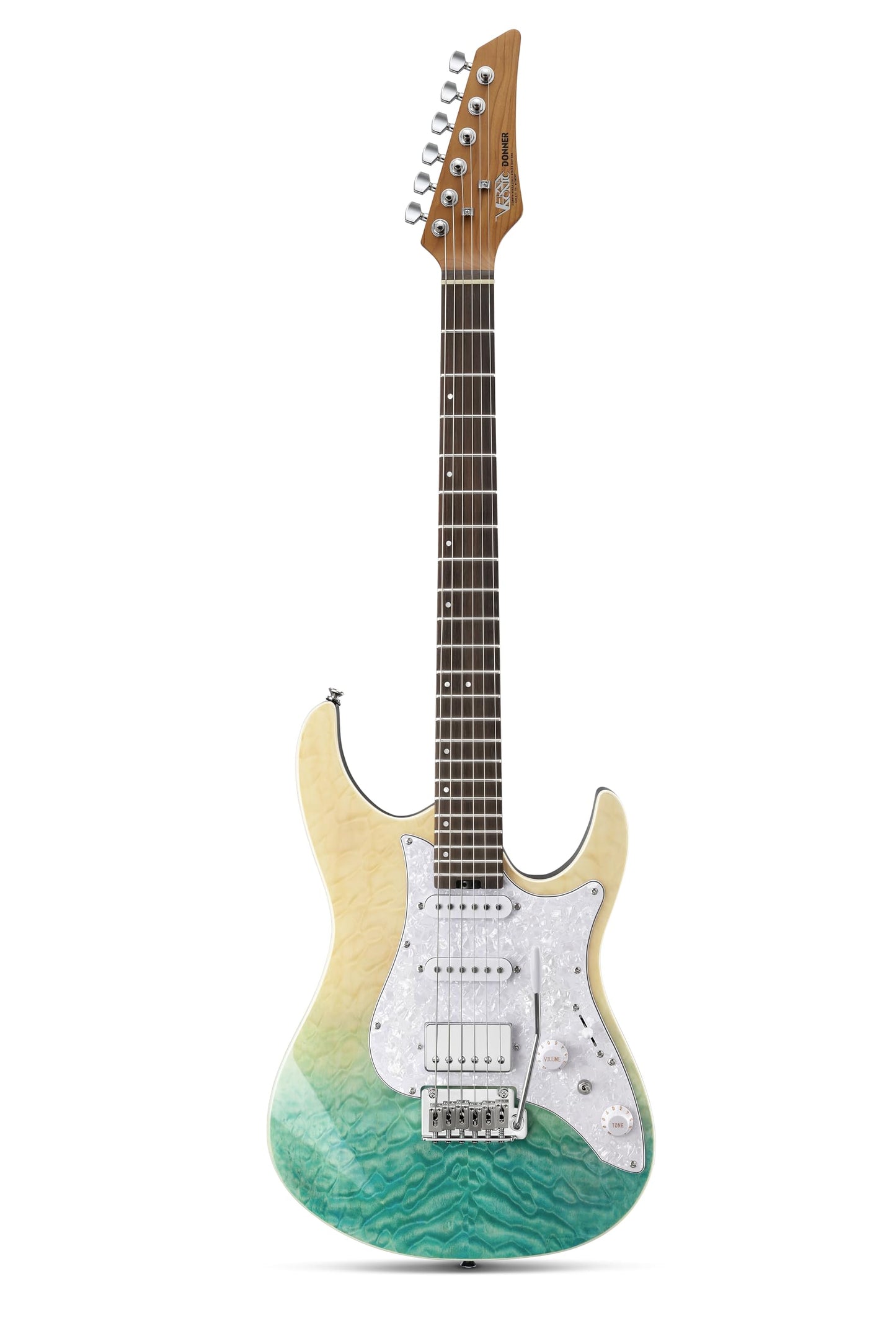 Donner 39 Inch Electric Guitar, DST-550 Color Gradient Poplar Body, Laurel Fretboard & Maple Veneer, 7 Tone Options, Tremolo Bridge, for Intermediate & Pro Players – Caribbean Shoreline Gradation