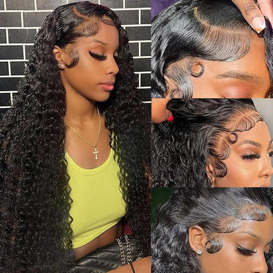 13x6 Deep Wave Lace Front Wigs Human Hair 200% Density Black Curly Lace Frontal Wig Human Hair for Women Glueless Wigs Wet and Wavy Wigs Pre Plucked with Baby Hair (26 Inch)