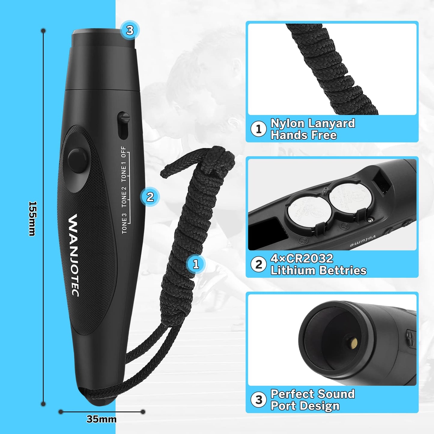 Electronic Whistle, 2 Pack Handheld Electronic Whistles, 3 Tone High Volume Whistle Emergency, Adjustable Volume Whistle with Lanyard for Teacher Coach Referee, Volleyball Soccer Sports-Black&Blue