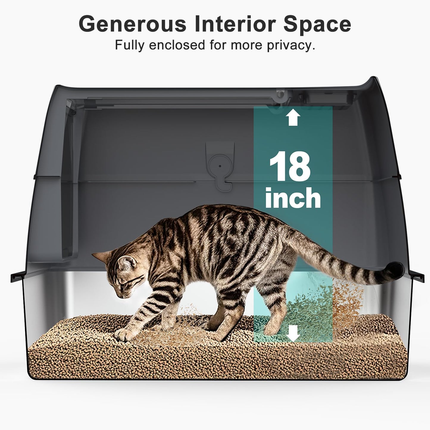 Enclosed Stainless Steel Cat Litter Box with Lid, FILP-Top High Sided Enclosure Metal Litter Boxes with Scoop Set for Big Cats, Non-Sticky, Anti-Leakage, Easy Cleaning,Transparent Grey