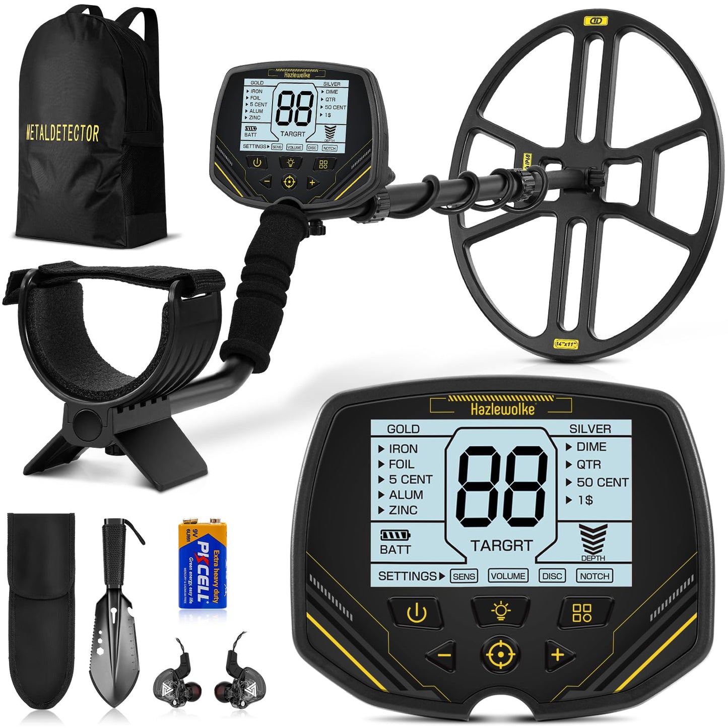 14" Metal Detector for Adults, Double-D Metal Detectors with Higher Sensitivity, Waterproof Metal Detectors with Large IP68 Search Coil, Professional DISC & Pinpointer Metal Detector Mode