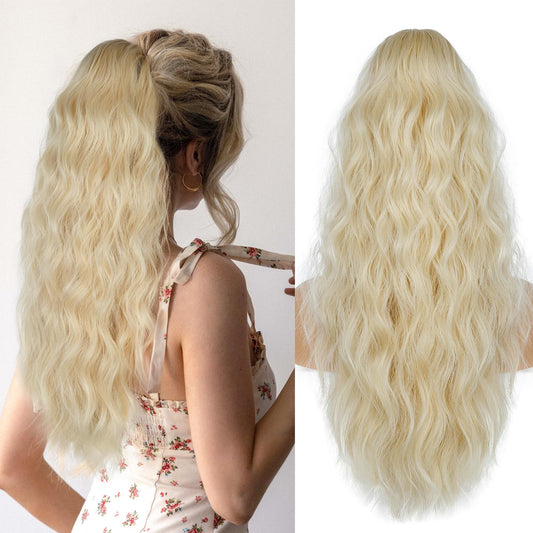 Drawstring Ponytail for Women, 26 inch Blonde Ponytail Extension, Synthetic Pony Tails Hair Extensions, Natural Clip in Ponytail Hair Extensions for Daily Use (Platinum Blonde with Golden Blonde)