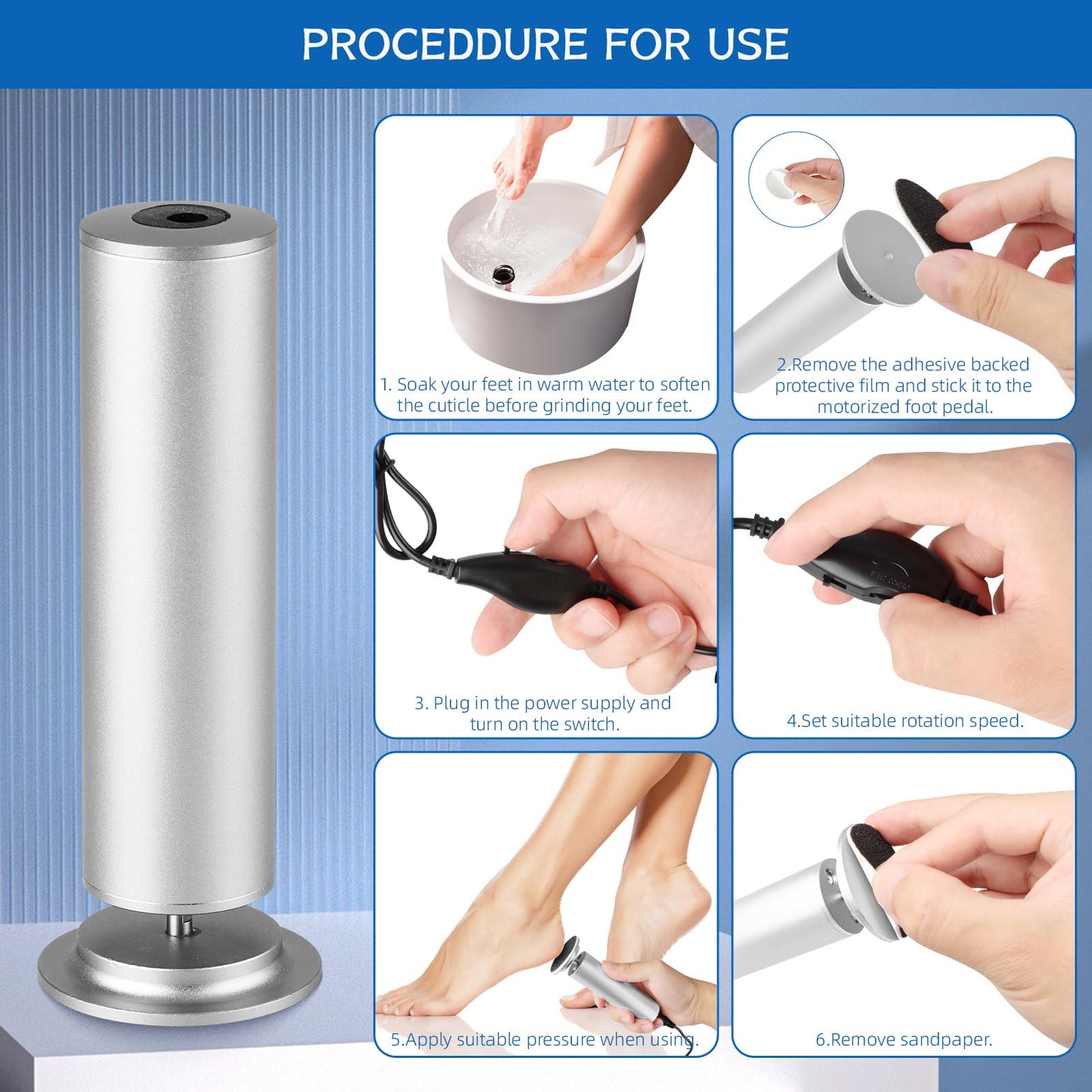 Electric Foot Filer-Electric Foot Callus Remover, Callus Remover for Feet, Dermave Electric Foot Callus Remover, 60pcs Snding Discs Dead Cracked Skin Calluses for Men/Women (Silver)