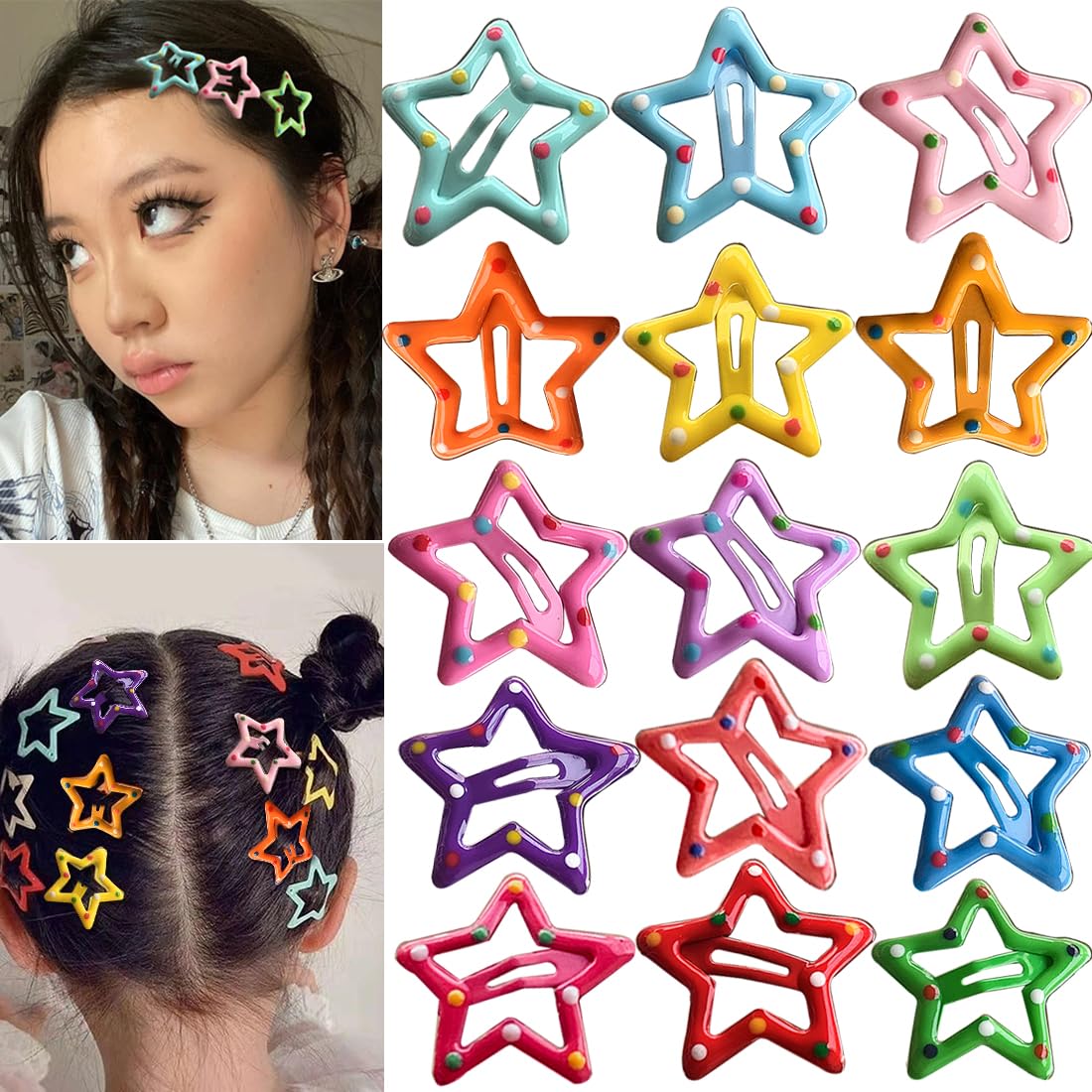 15 PCS Metal Hair Barrettes - Non-Slip 1.22" Star Snap Hair Clips for Girls, Women, and Children - Multicolor Hair Accessories