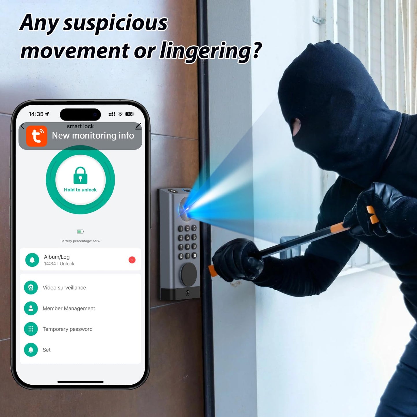 eLinkSmart Smart Door Lock with Camera Deadbolt with Video Doorbell PIR Motion Detection Front Door Lock with Fingerprint Keypad Code Long-Lasting Battery Built-in Wi-Fi No hub Required No Drilling