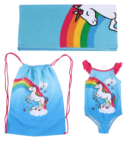 Dreamwave Toddler Girls 3 Piece Swimsuit Set: One-Piece Swimsuit Beach Bag Towel Unicorn S20 4T