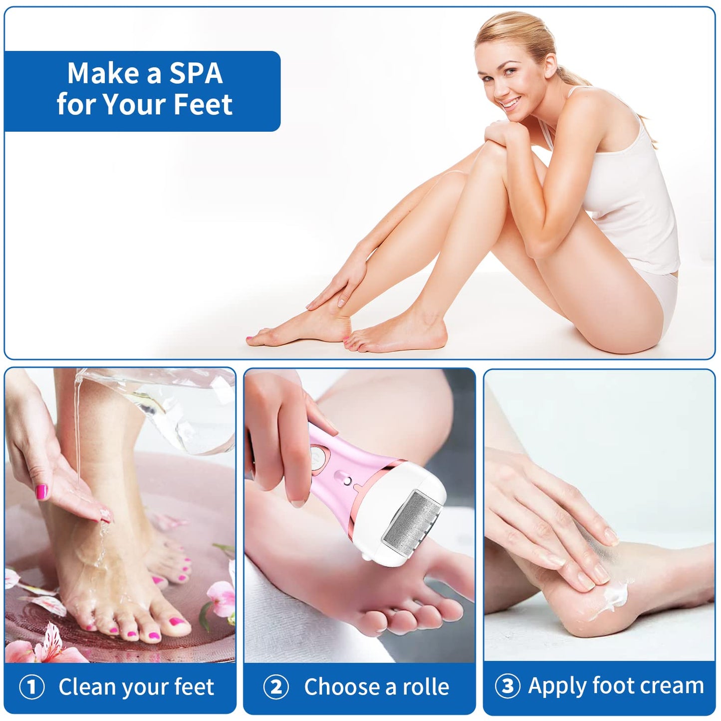 Electric Foot Callus Remover, Rechargeable Portable Electronic Foot File Pedicure Kits, Waterproof Foot Scrubber File, Professional Pedicure Tools, Foot Care for Dead Skin Ideal Gift, 3 Rollers