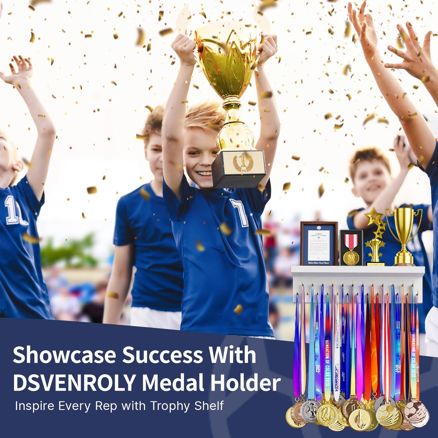 DSVENROLY Medal Holder Display Trophy Shelf Organizer,Sturdy Wooden Medal Trophy Hanger Rack with 25 Steel Hooks, Wall Mount Medal Hanger for Race Medals Trophies Easy to Install White Golden Hooks