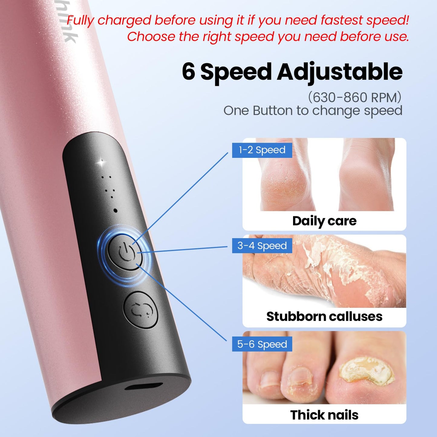 Electric Callus Remover for Feet, Electric Foot File Nail Grinder 2 in 1,Rechargeable Professional Foot Sander Pedicure Tool for Feet Dry Dead Skin with Sandpaper Disk, 6 Speed Adjustable