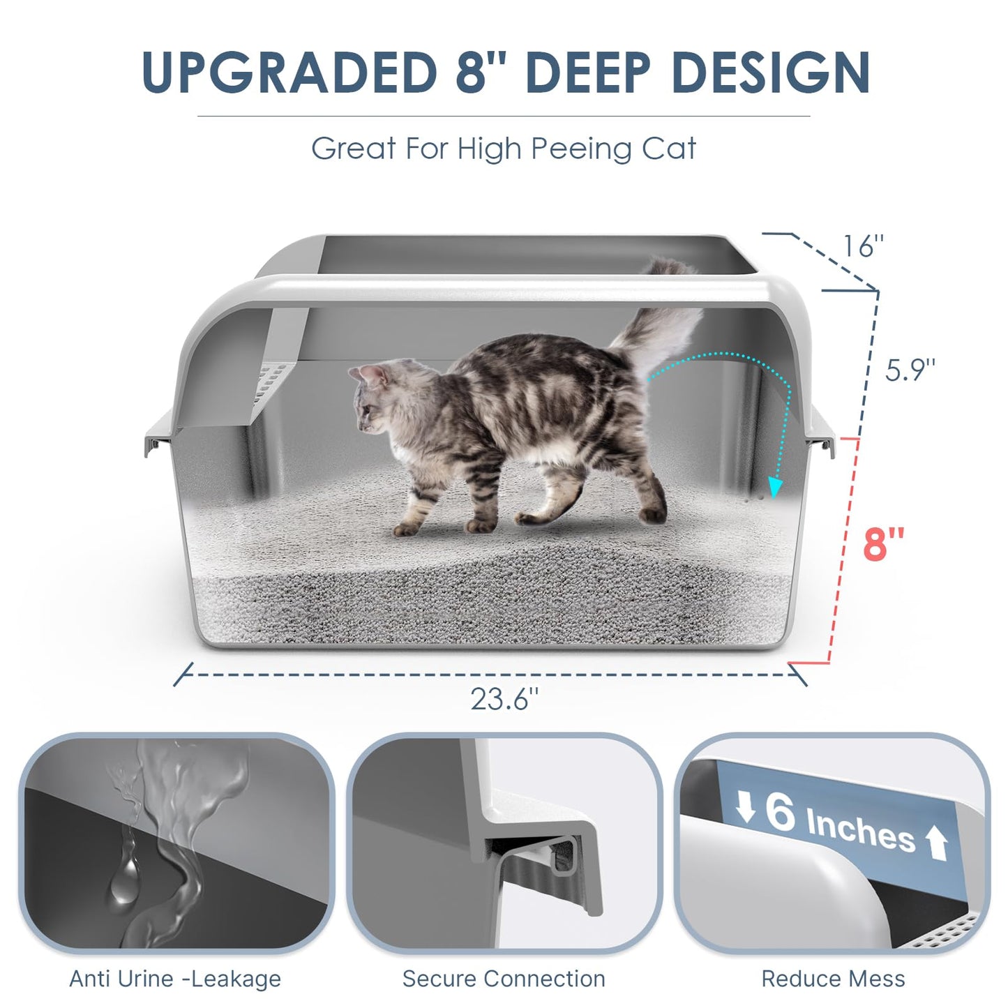 2 Pack 8" Deep Stainless Steel Litter Box with Lid, Extra Large & Deep Stainless Steel Cat Litter Box for Multipul Cats, Metal Litter Pan with Anti-Leakage High Wall, Litter Pan Easy Cleaning